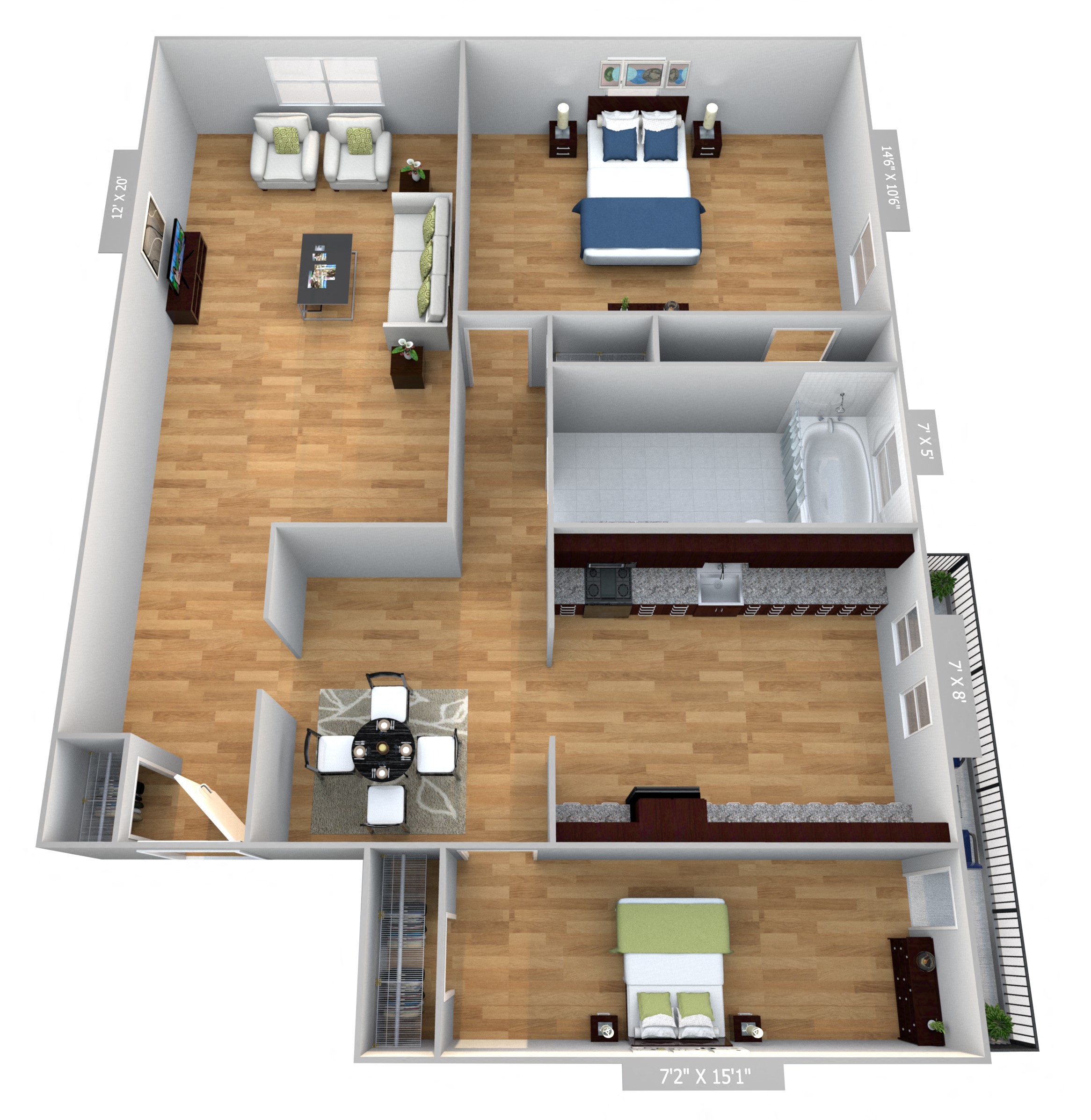 Floor plan for 2 beds, 1 bath